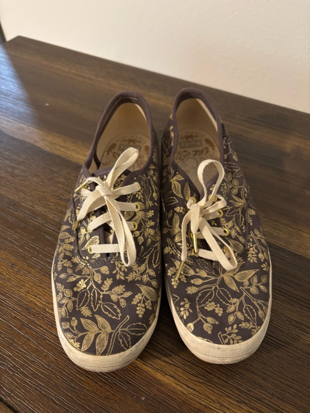 Keds - Rifle paper co Floral Canvas Lace-Up Sneakers in Dark Brown and Gold